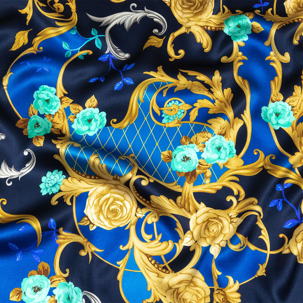 Mood Exclusive Italian Navy, Blue and Gold Rose Filigree Silk Charmeuse - Joann Fabrics