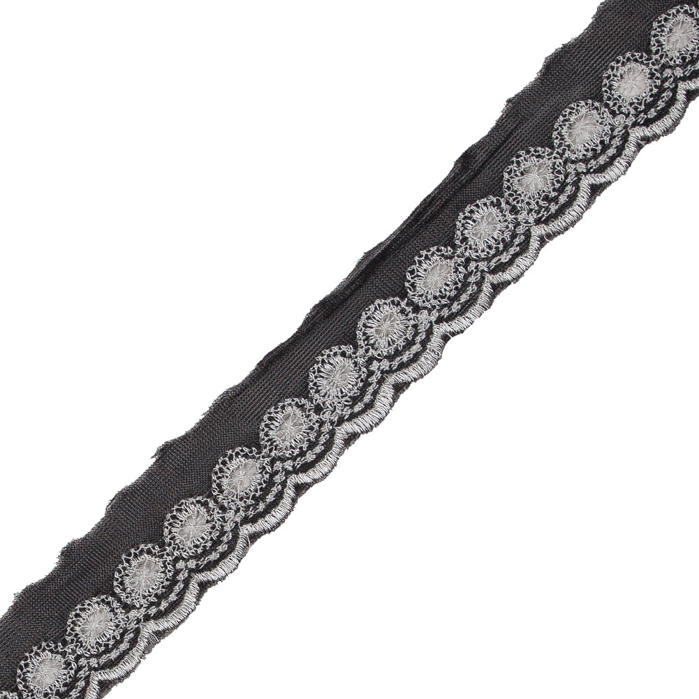 White and Black Embroidered Mesh Trim with a Scalloped Edge - 1