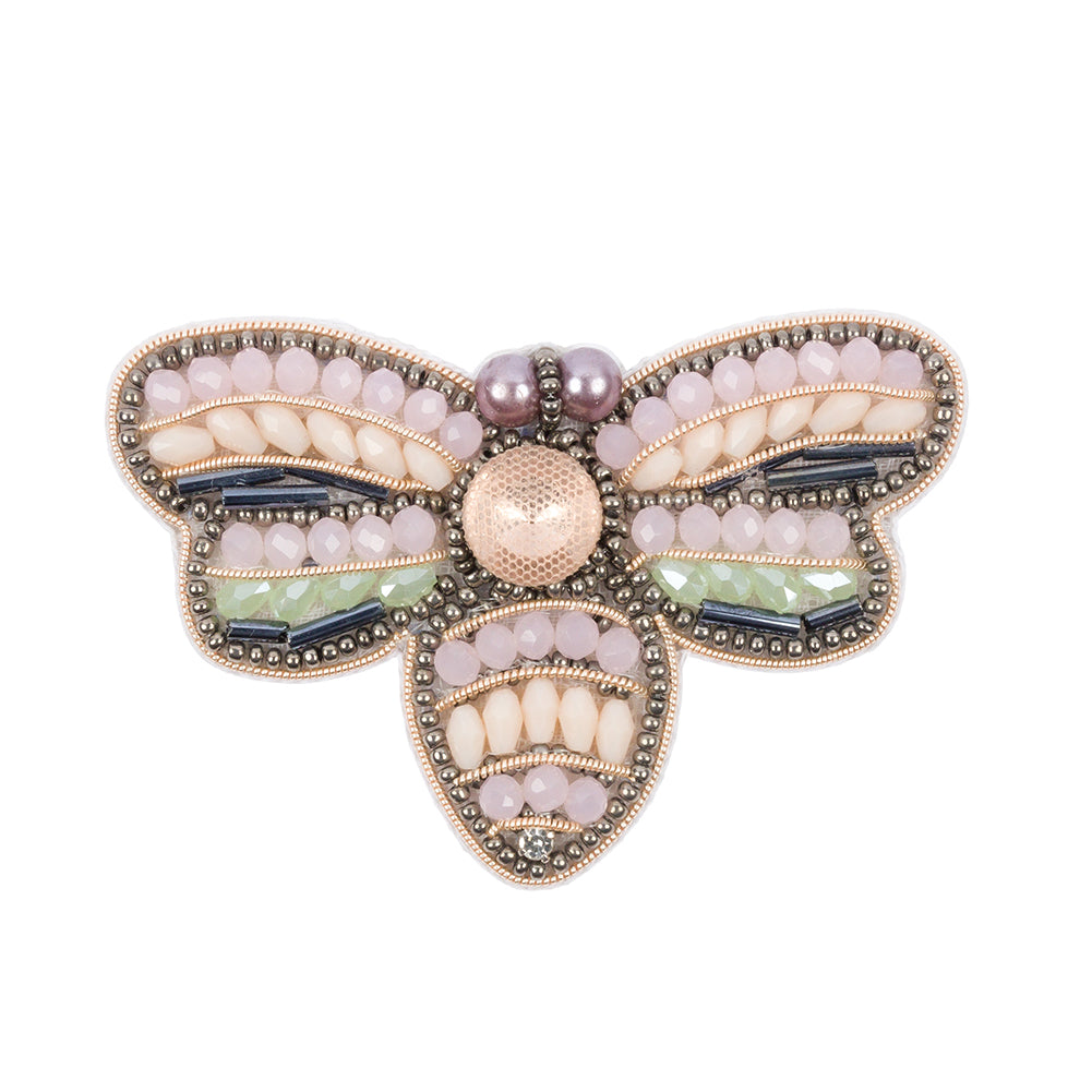 Pink, Green and Gunmetal Fly Rhinestone and Glass Beaded Applique - 1.875