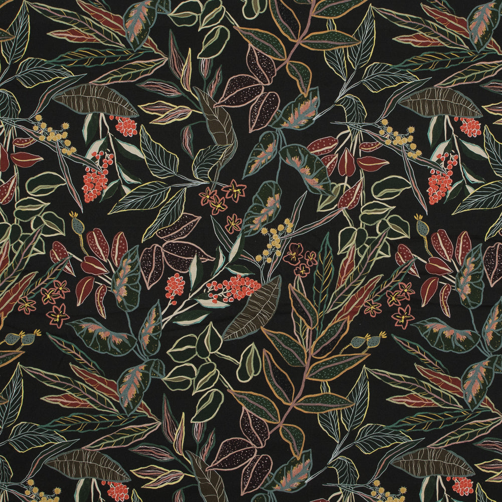 Stretch Cotton Sateen - Black and Green Foliage - Mystery of Renewal Print - Mood Exclusive Key Largo Collection - Joann Fabrics