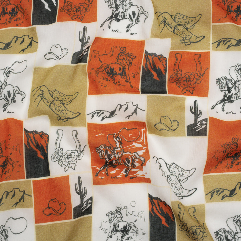 Crinkled Cotton Gauzy Woven - Red Orange, Beige and White Wester Scenes Patchwork - Mood Exclusive Rodeo Reflections Print - Joann Fabrics