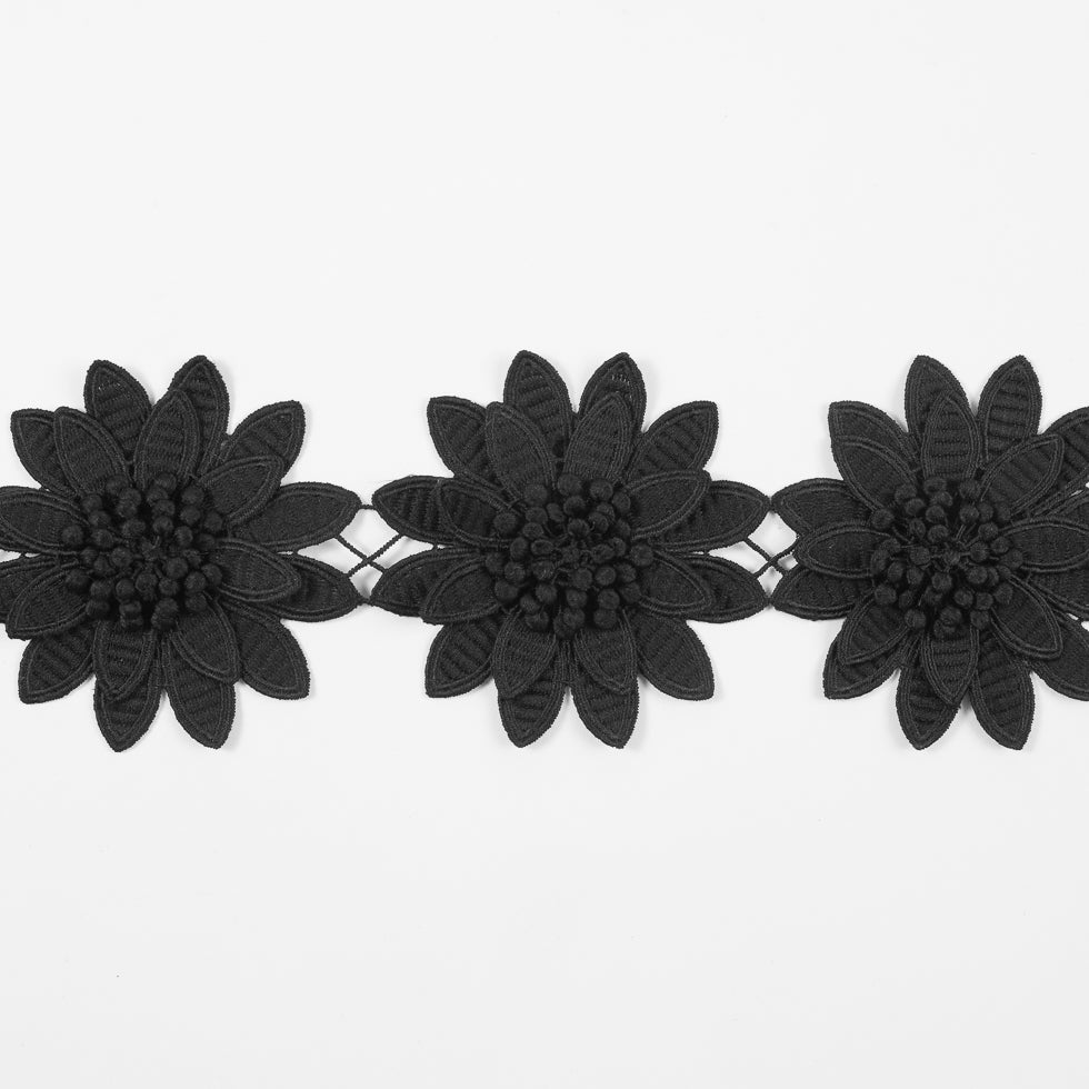 Black 3D Floral Lace Trim - 3.75