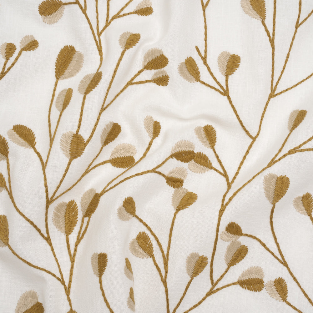 Embroidered Polyester and Cotton Woven - Ochre Budding Plants - British Imported - Joann Fabrics