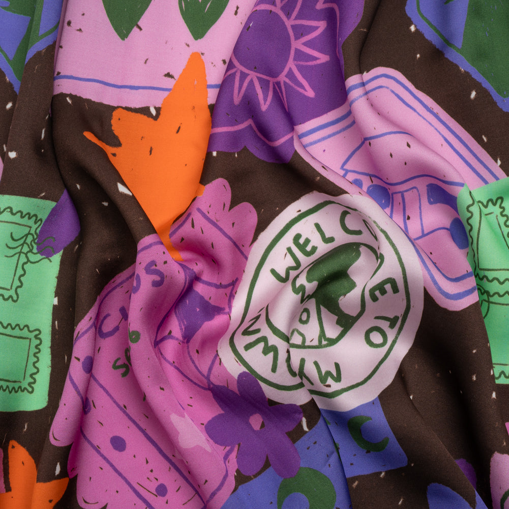 Sustainable and Recycled Viscose Satin Print - Purple, Mint and Blue Scrapbook Collage - Mood Exclusive Penpal Persona - Joann Fabrics