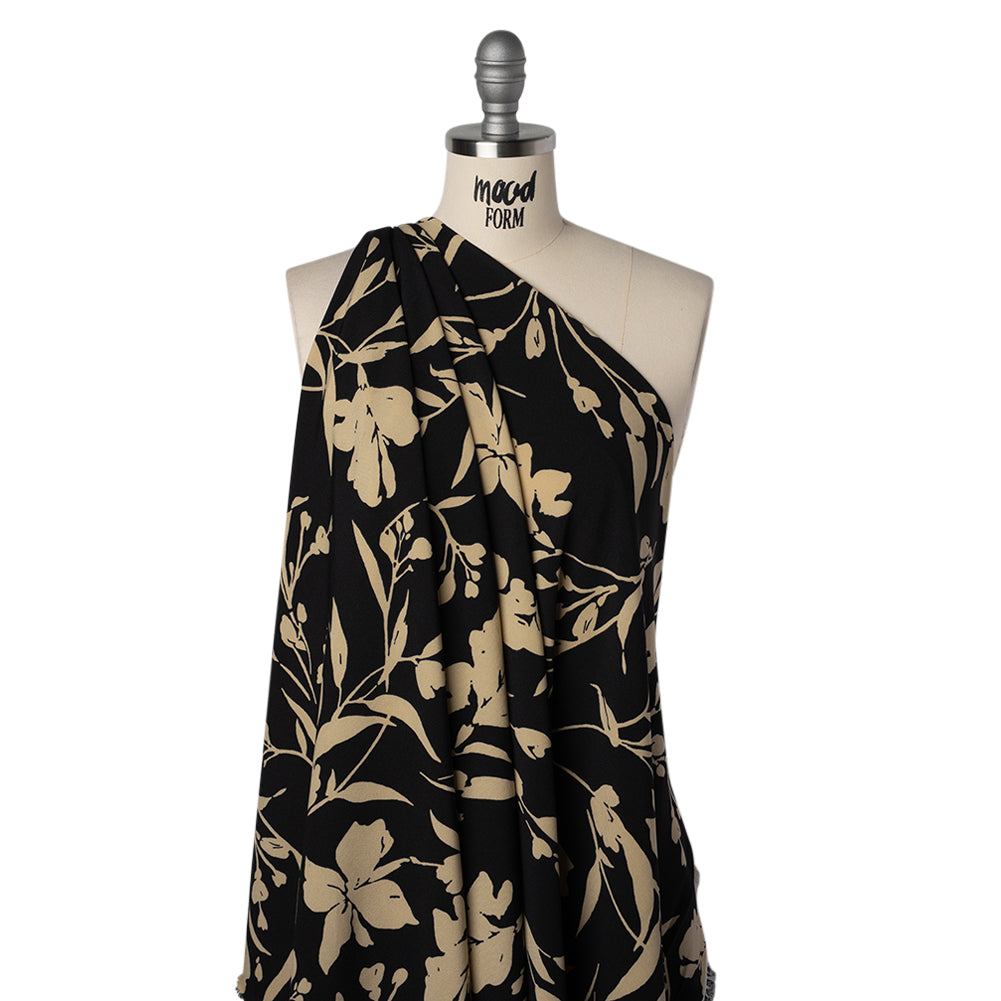 Stretch Polyester Twill Print - Black and Beige Floral - Designer Deadstock - Joann Fabrics