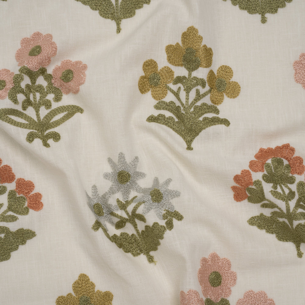 Polyester and Cotton Slubbed Drapery Woven with Viscose Embroidery - Garden Simple Flowers - British Imported - Joann Fabrics