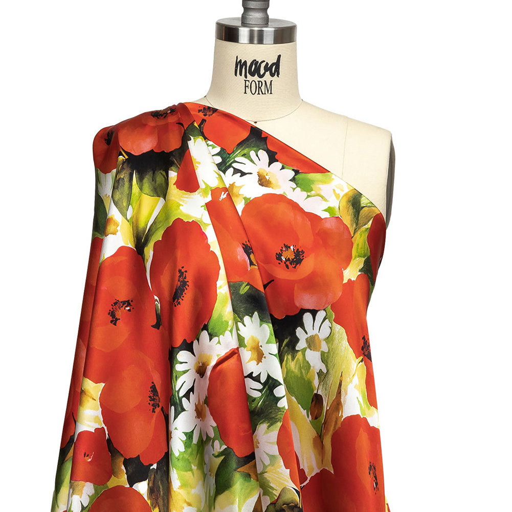 Mood Exclusive Italian Red, Yellow and Green Poppies and Daisies Silk Charmeuse - Joann Fabrics