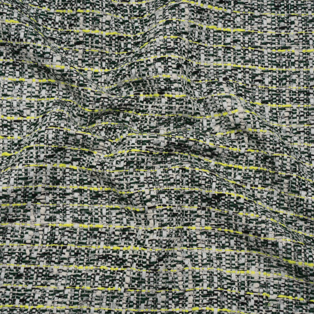 Acrylic Tweed with Clear Eyelash Fringe - Green, White and Neon Yellow Abstract and Striped - Deadstock - Joann Fabrics