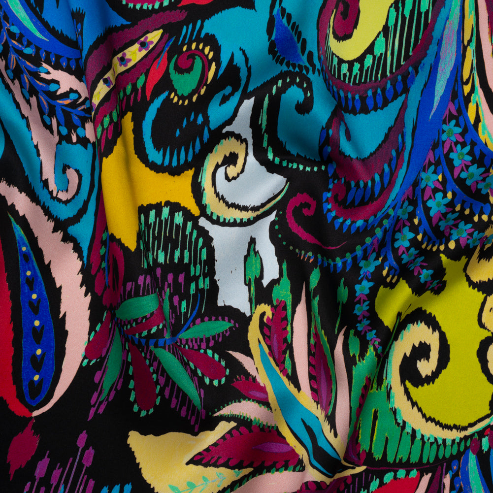 Silk Charmeuse Print 16MM, Made in Italy - Black, Turquoise and Berry Red Painterly Ikat Paisley - Joann Fabrics