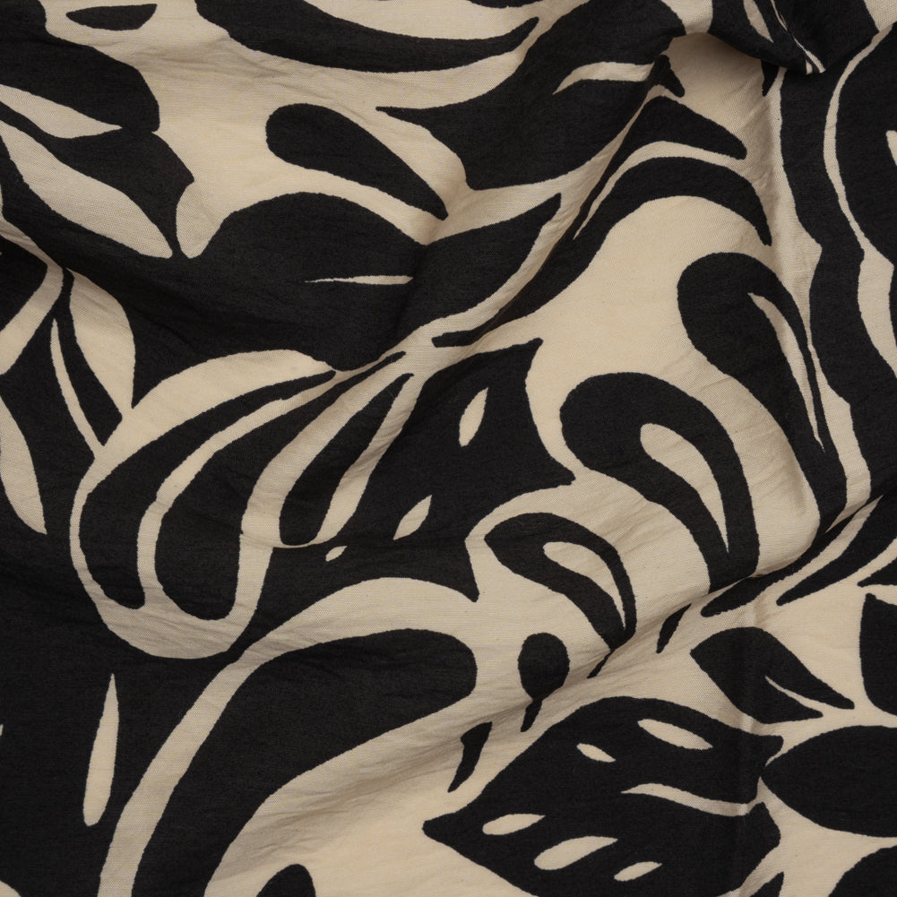 Crinkled Rayon Blend Woven Print - Black and Beige Floral - Designer Deadstock - Joann Fabrics