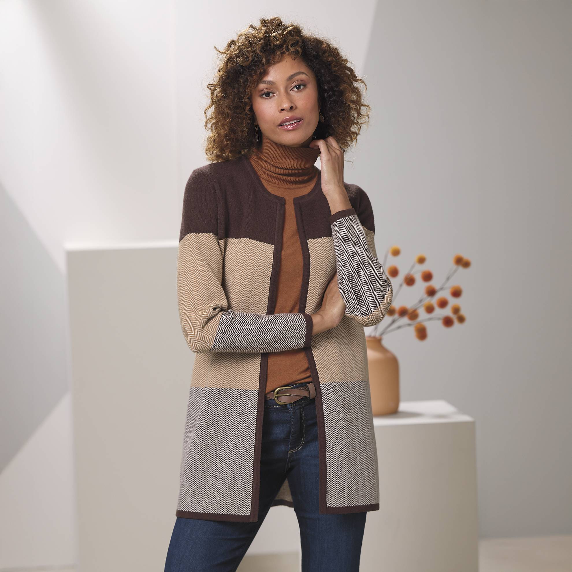 Blocked Herringbone Cardigan, Open Front, Black Trim - Northstyle Catalog