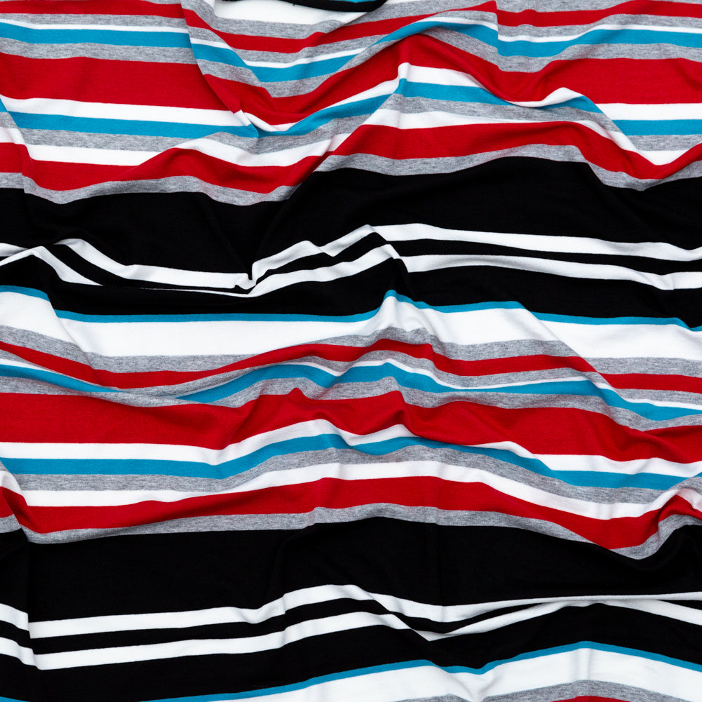 Very Cherry, Black and River Blue Barcode Striped Rayon Jersey - Joann Fabrics