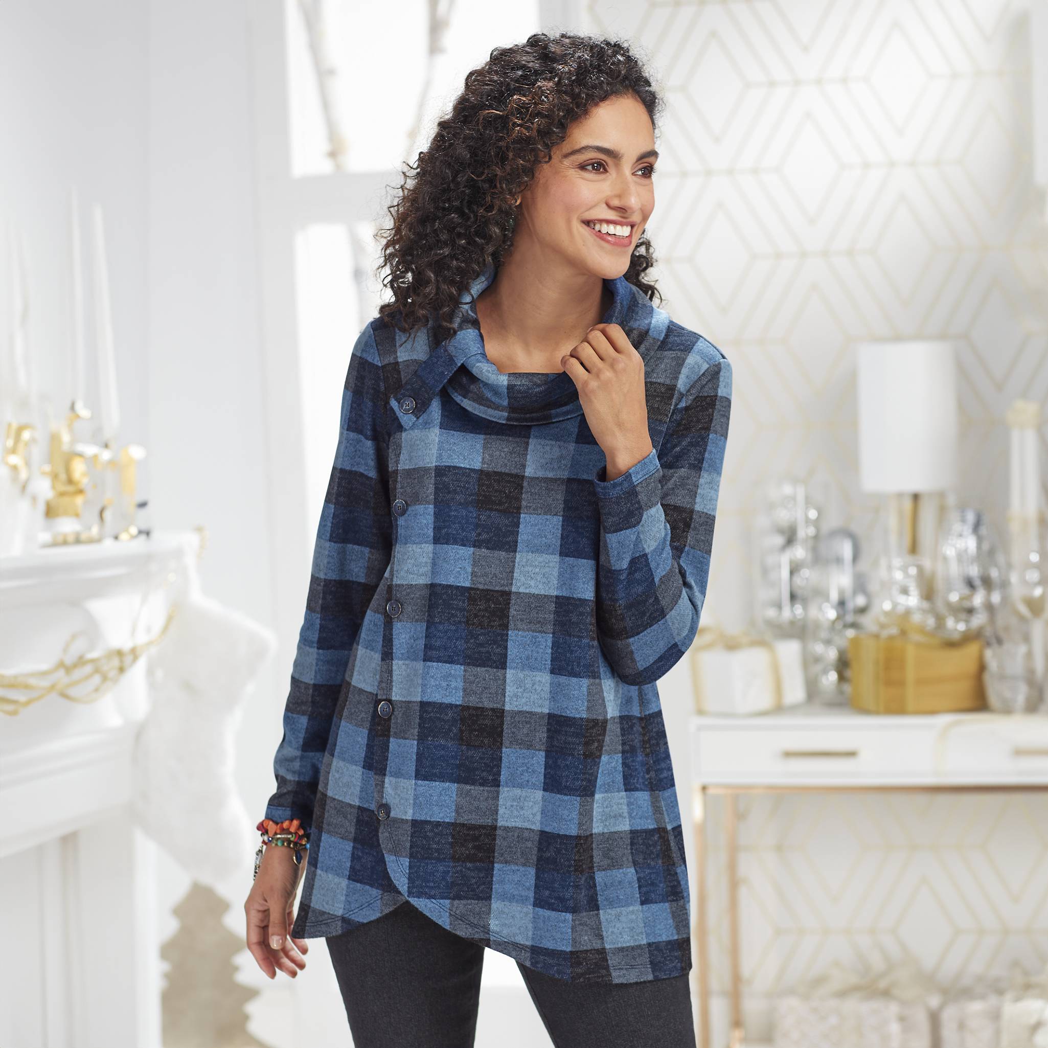 Button Accent Check Tunic - Northstyle Catalog