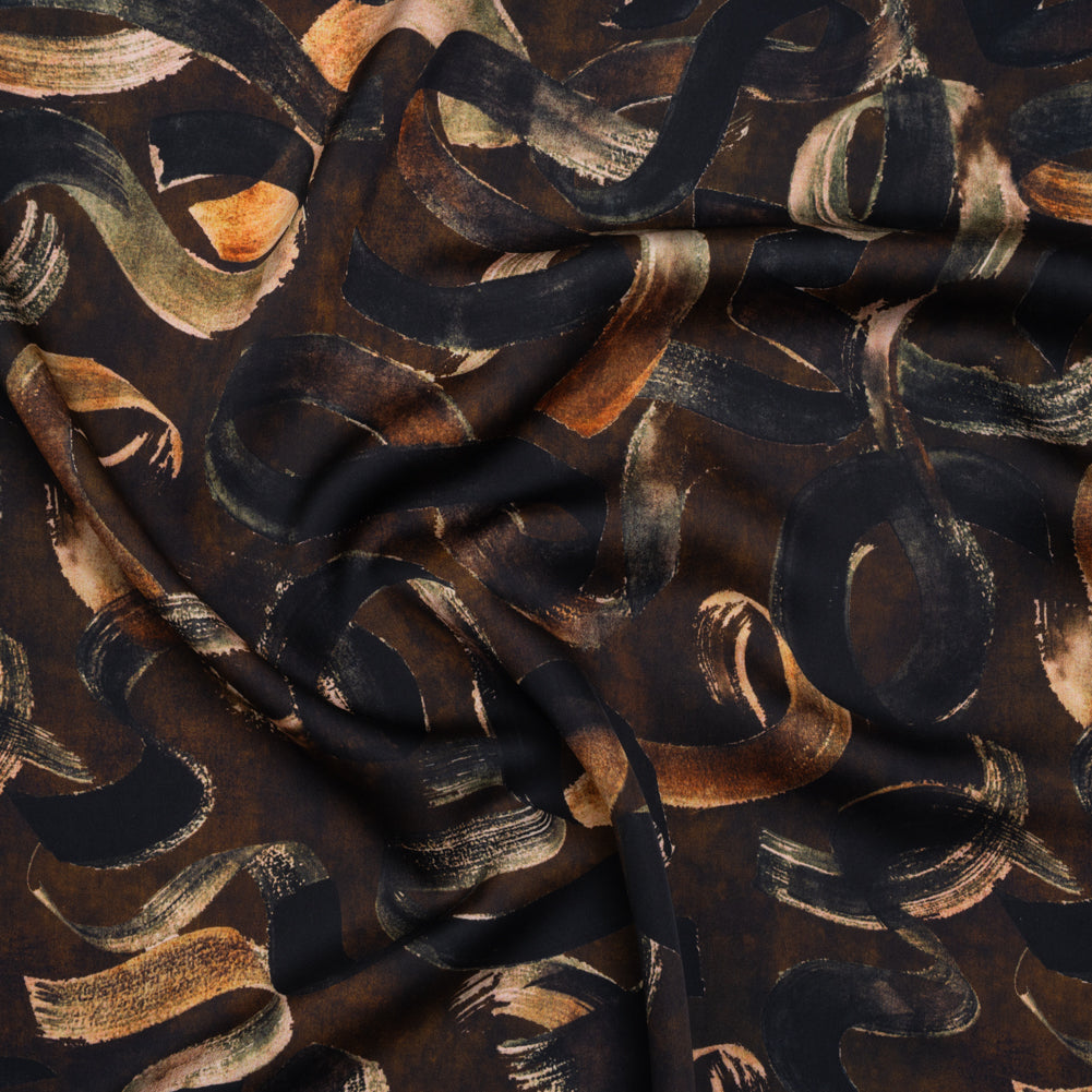 Polyester Satin - Brown, Black and Burnt Orange Painted Ribbons - Mood Exclusive Ruststroke Wrap Print - Joann Fabrics
