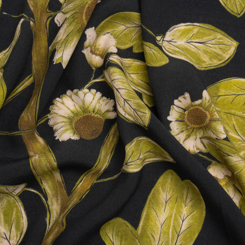 Sustainable Viscose Crepe Print - Black and Leaf Green Floral - Mood Exclusive Dolomite Daisies - Joann Fabrics