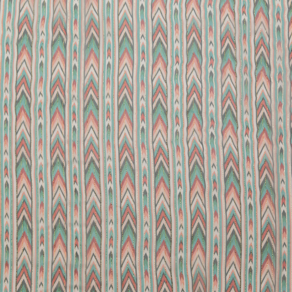 Jade and Coral Geometric Crinkled Silk Chiffon with Metallic Gold Stripes - Joann Fabrics