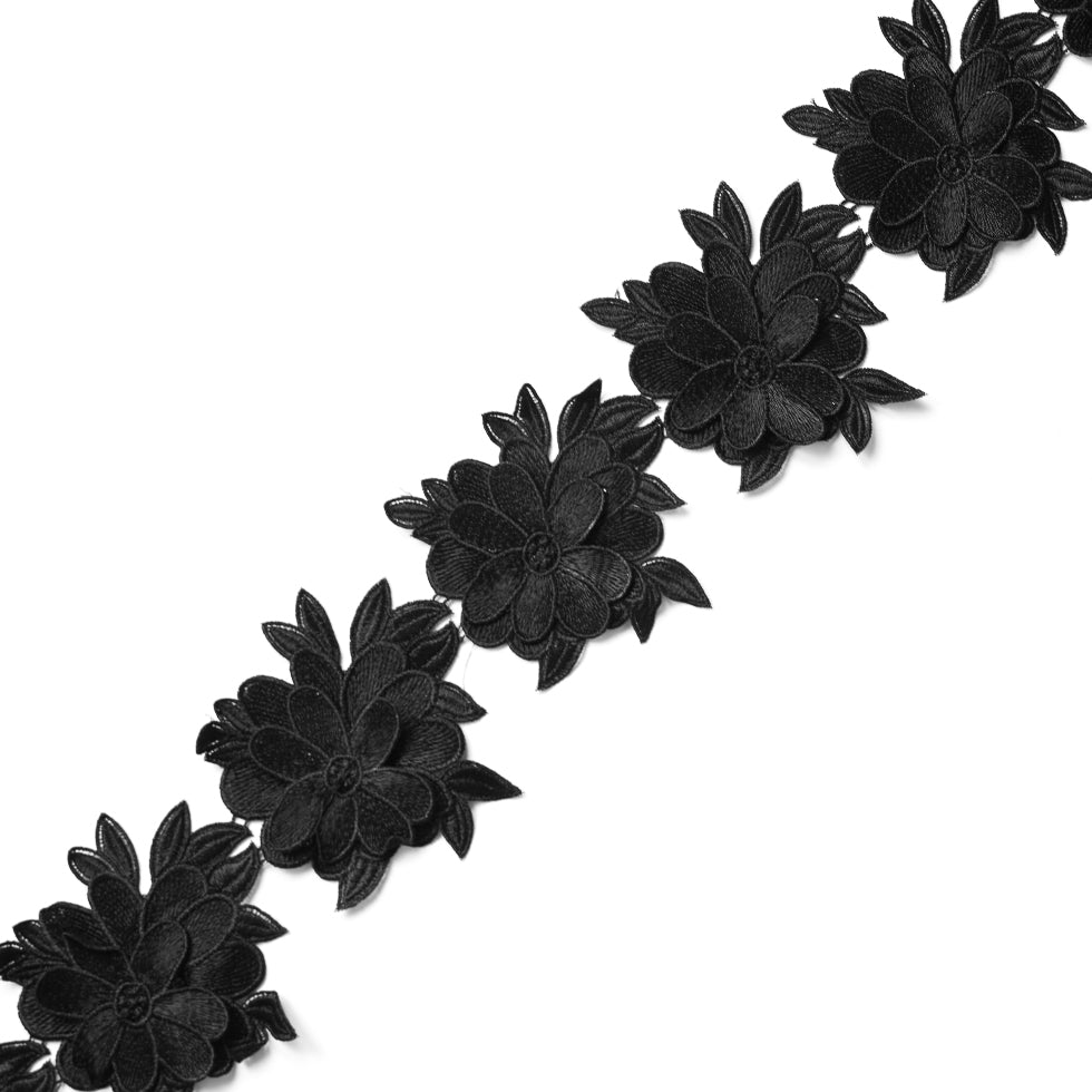 Metallic Black 3D Floral Lace Trim - 5.5