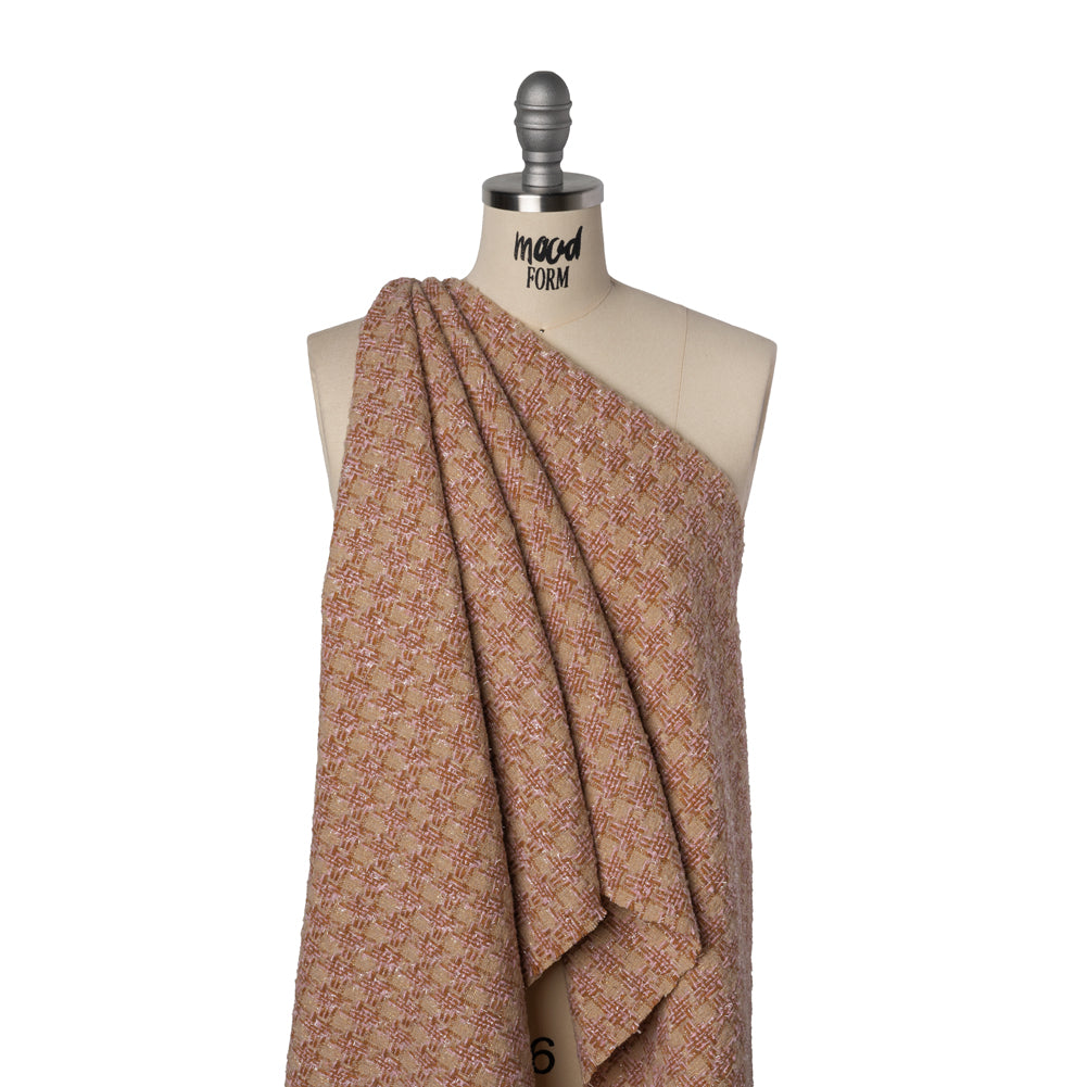 Polyester Metallic Tweed with Eyelash Fringe - Pale Pink, Beige and Tan Houndstooth - Joann Fabrics