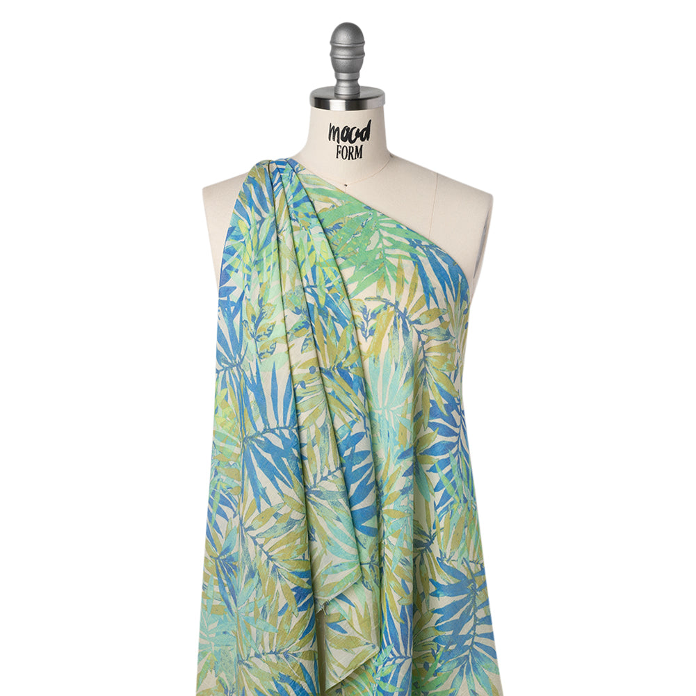 Slubbed Polyester and Rayon Woven - Blue, Green and Beige Palm Leaves - Designer Deadstock - Joann Fabrics