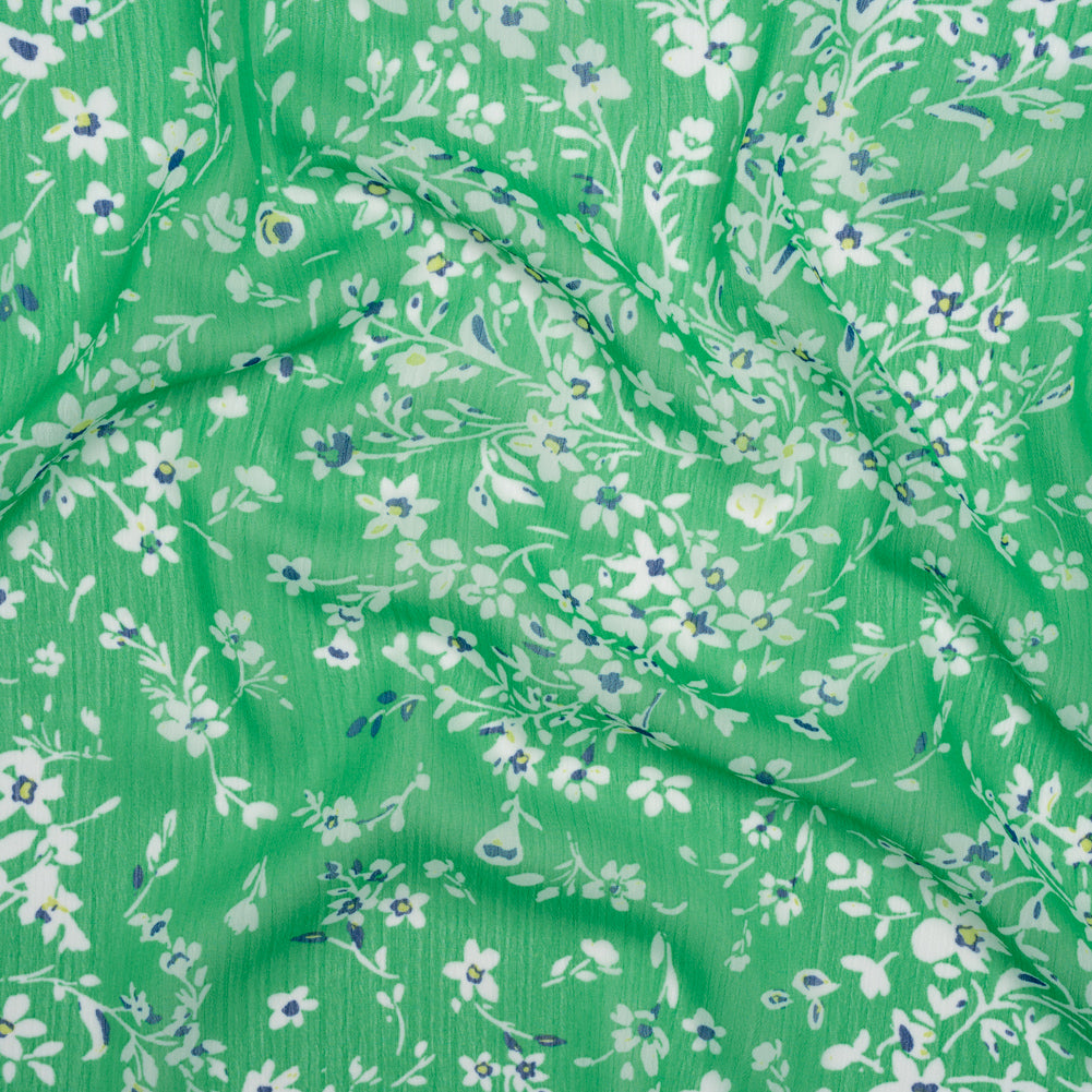 Crinkled Polyester Chiffon - Kelly Green, White and Blue Floral - Designer Deadstock - Joann Fabrics