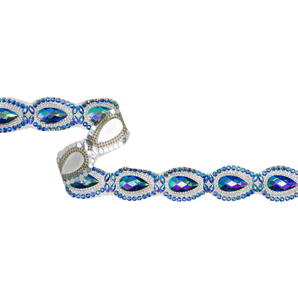 Yaya Han Iron-On Princess Crystal Rhinestone Trim - Iridescent Blue Outlined Teardrops, 1.375
