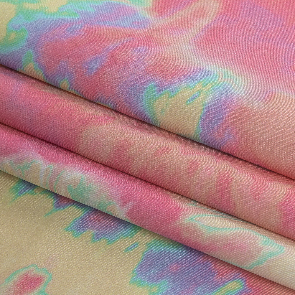 Compression Swimwear Tricot, UV Protective with Aloe Vera Microcapsules - Yellow, Pink and Orange Soft Swirls Tie Dye - Caye Collection - Joann Fabrics