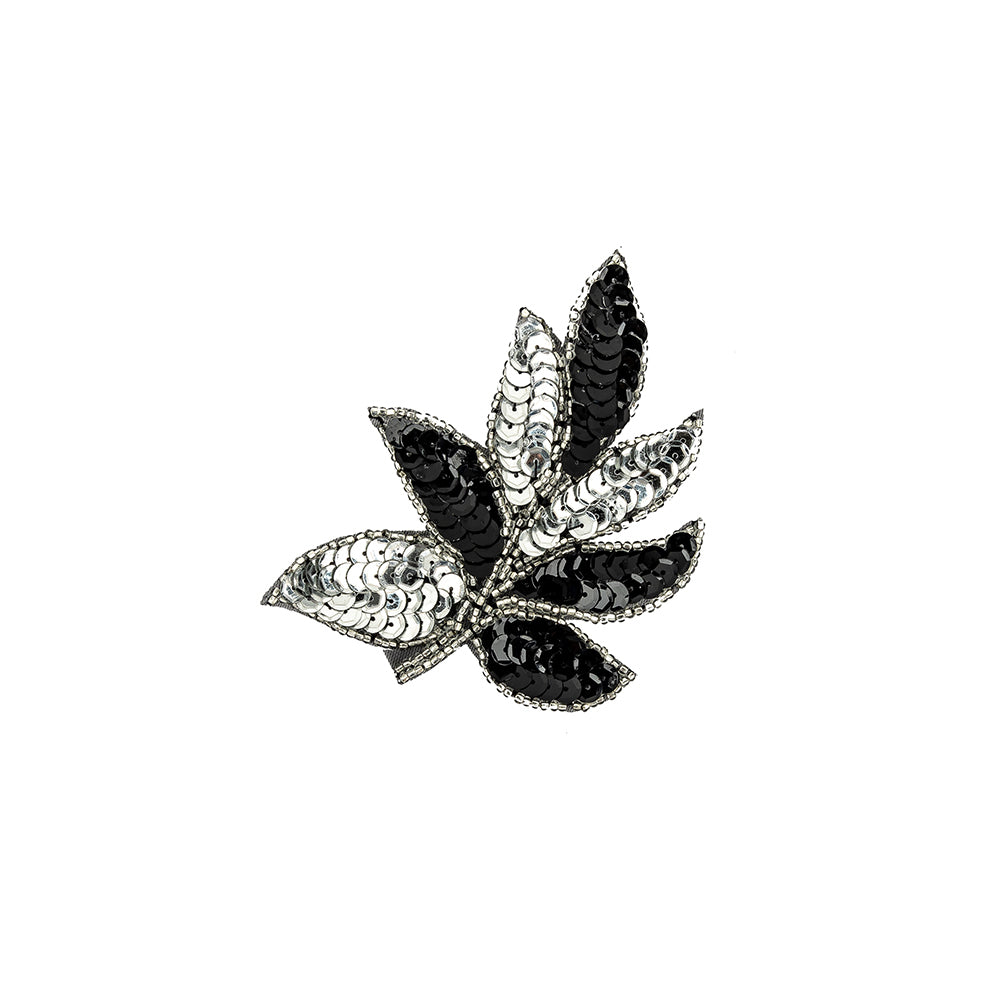 Vintage Black and Silver Sequins and Silver-lined Beaded Leaf Applique - 4