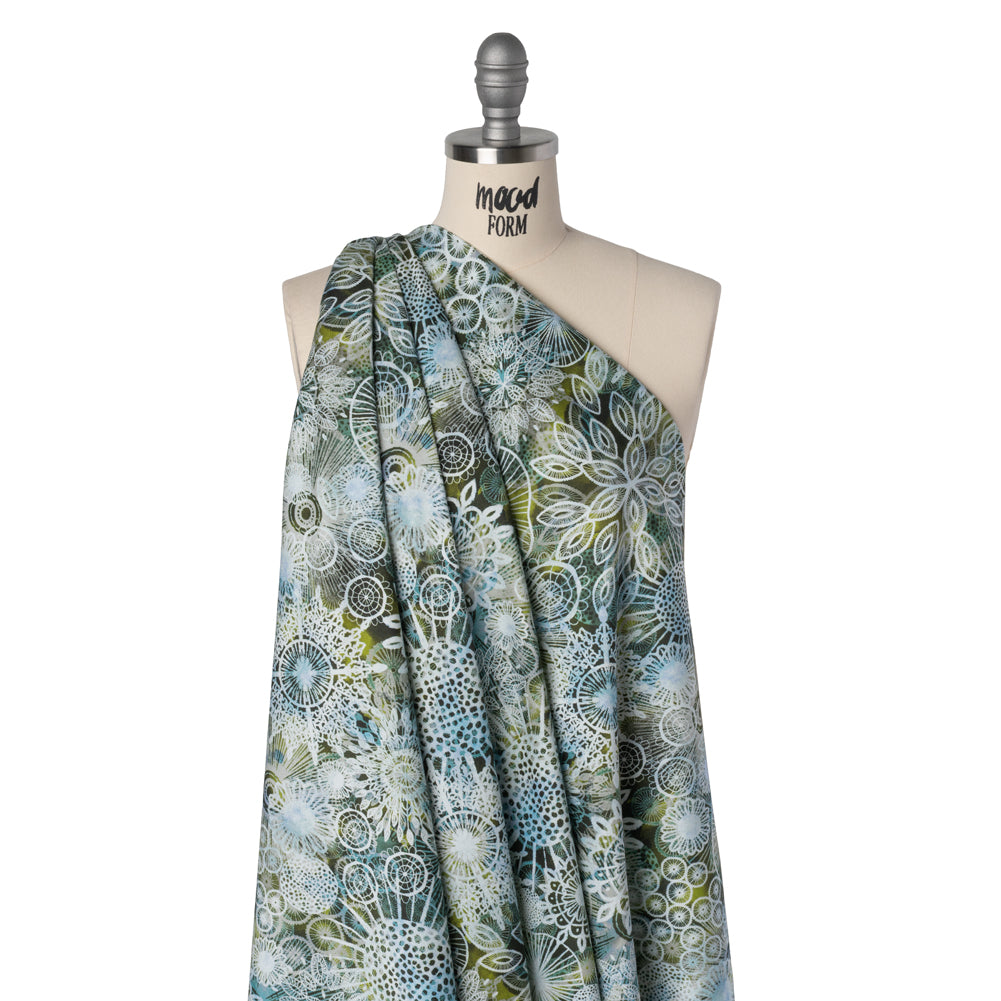 Stretch Cotton Sateen - Olive Green, Sky Blue and White Flowers and Circles - Kaleidoscope Sunbeam Print - Mood Exclusive Acadia Collection - Joann Fabrics