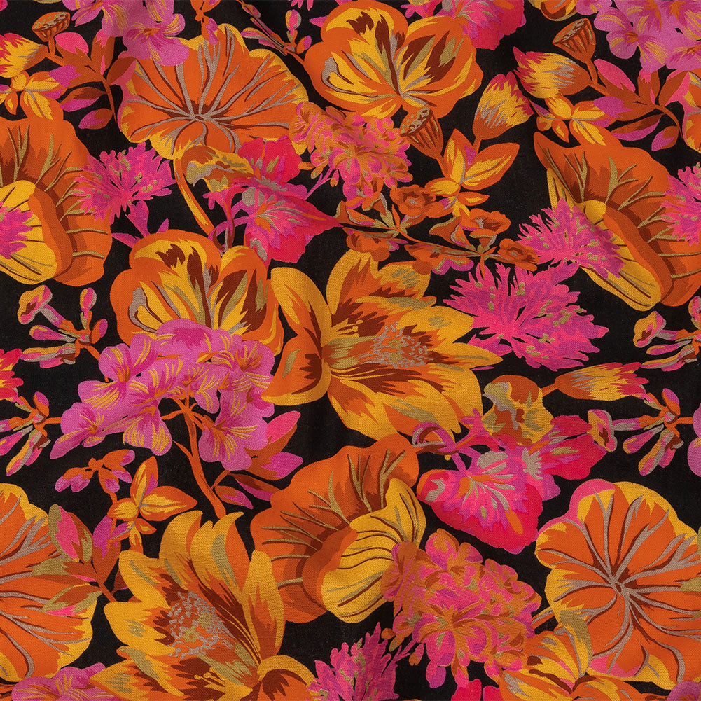 Linen and Rayon Woven - Black, Pink and Yellow Floral - Tangerine Dreams Print - Mood Exclusive Citrus Collection - Joann Fabrics