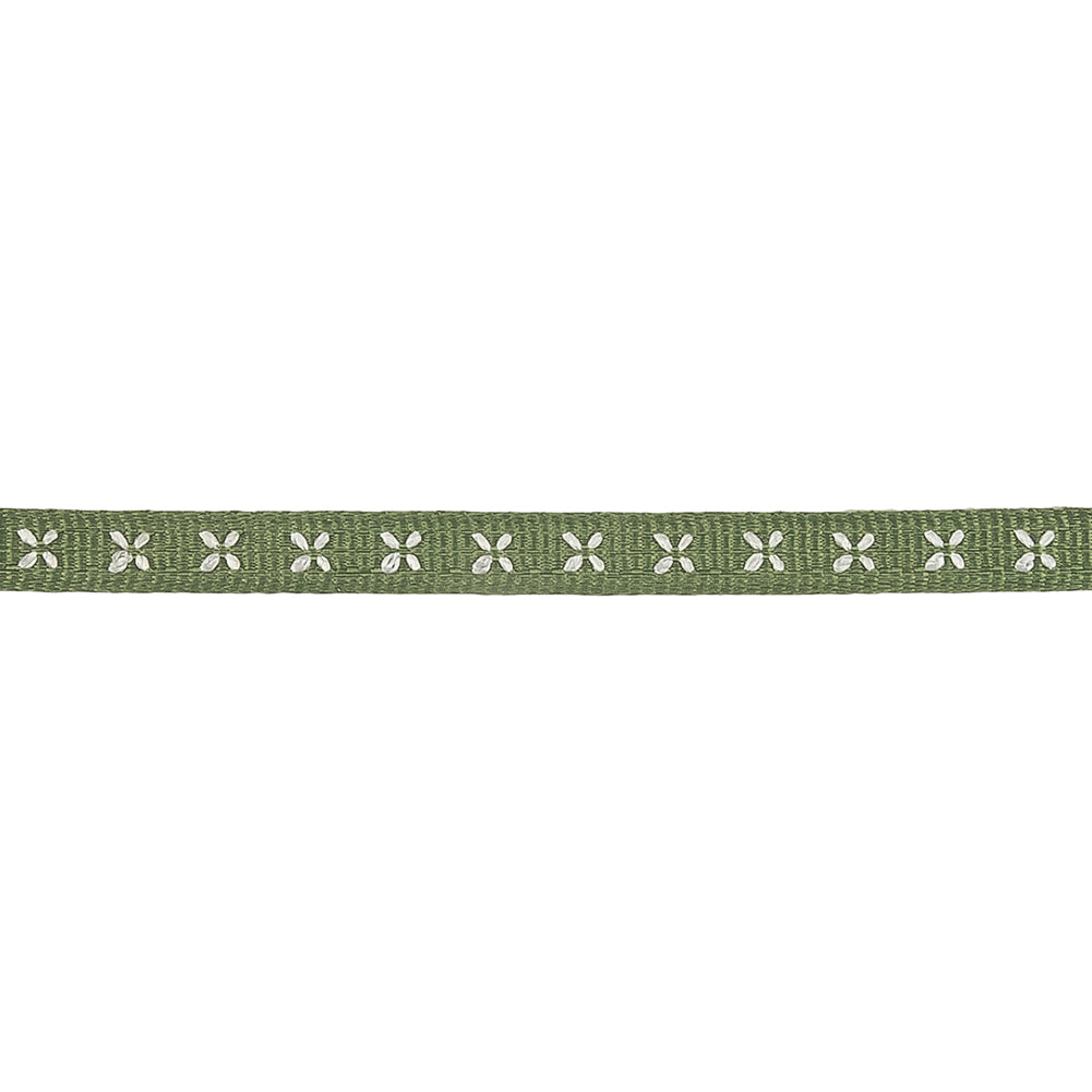 Epsom Green Grosgrain Ribbon with Blanc de Blanc Stitched Flowers - 0.25
