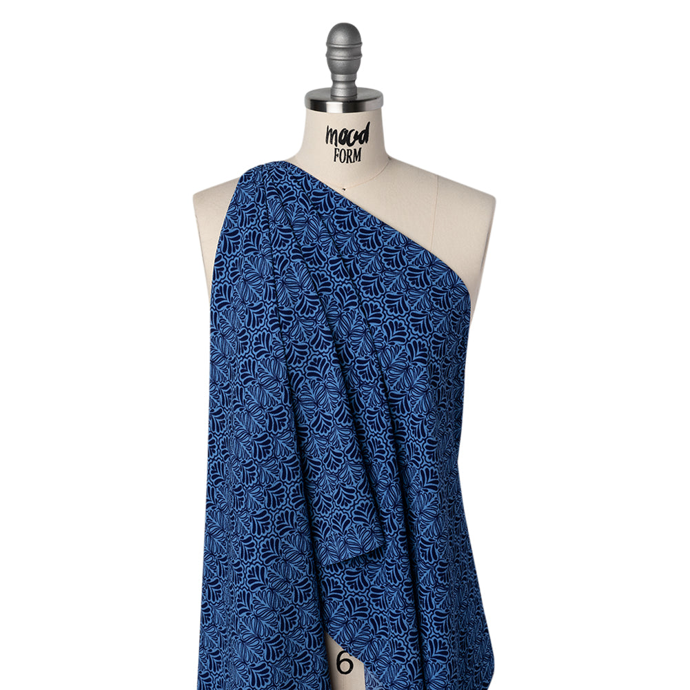 Stretch Polyester Crepe - Blue and Navy Leaf Motifs - Designer Deadstock - Joann Fabrics