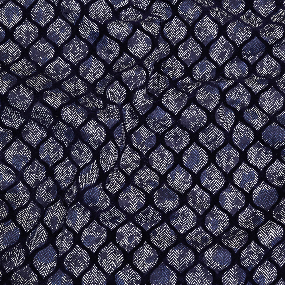 Navy Flocked Ogees on Floral and Herringbone Printed Stretch Cotton Shirting - Joann Fabrics