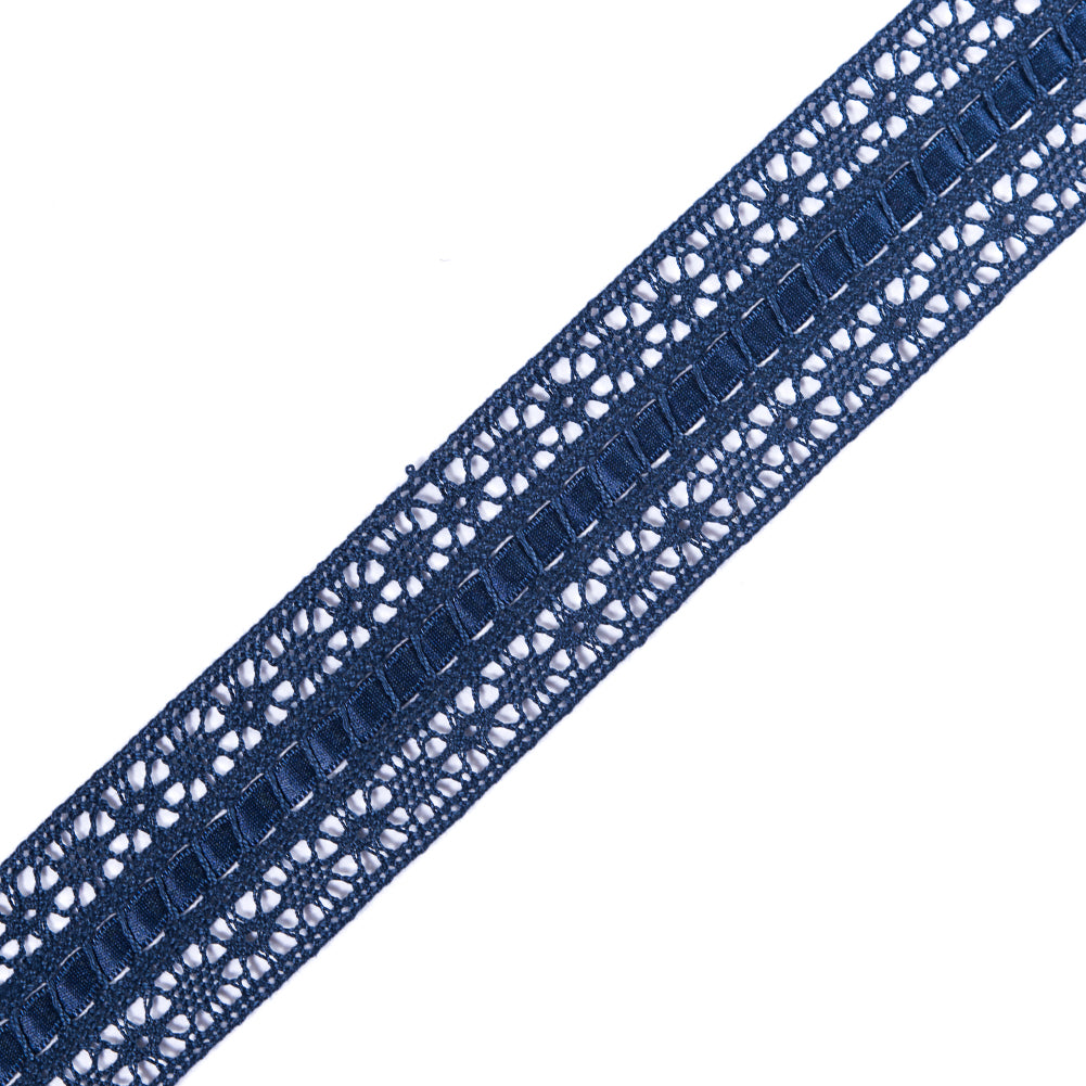 European Navy Crochet Trim with Satin Ribbon Detail - 1.5
