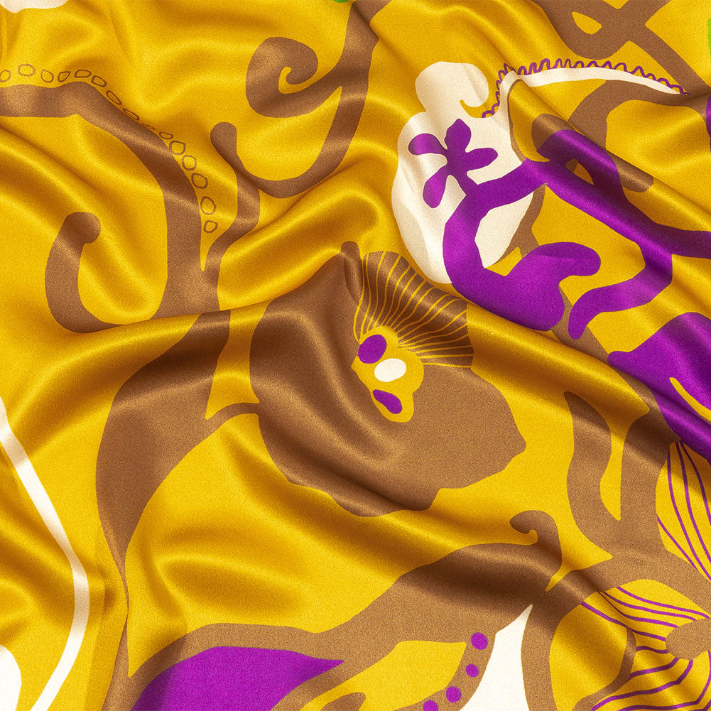 Italian Gold, Green and Purple Abstracted Floral Silk Charmeuse - Joann Fabrics