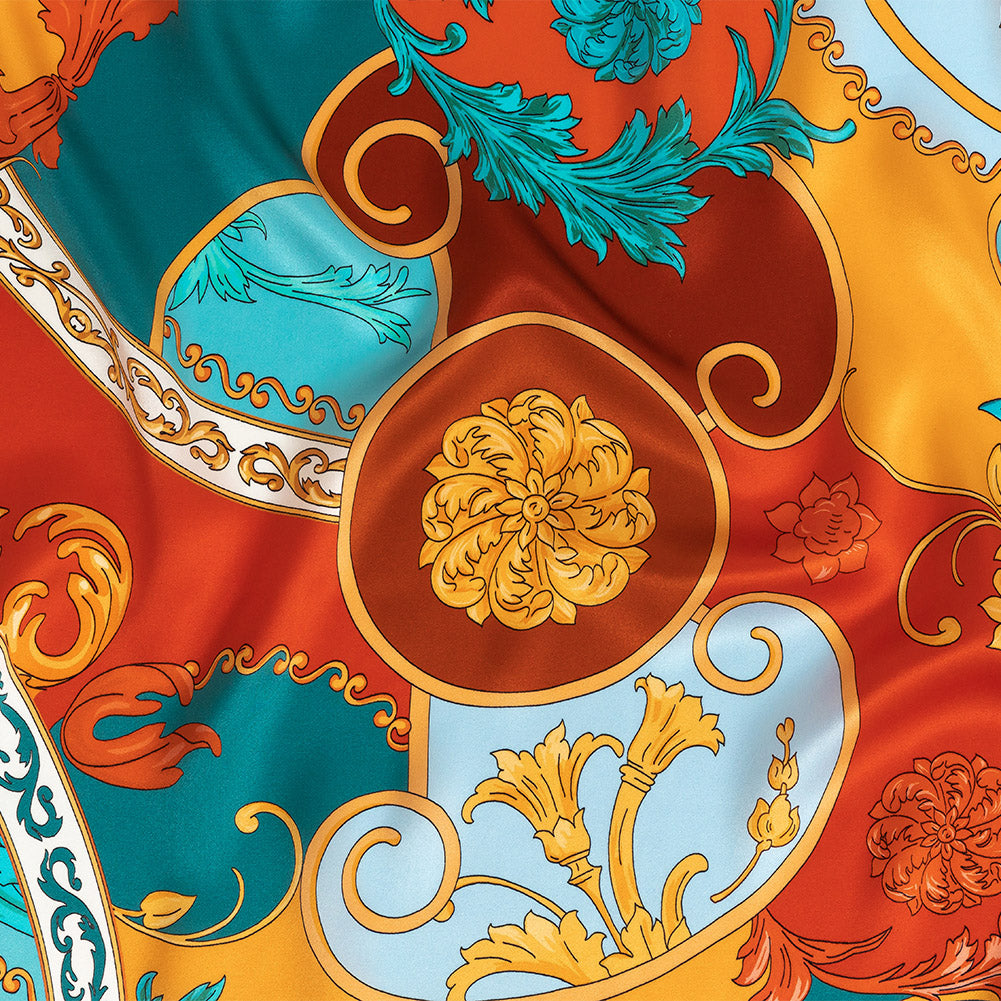 Mood Exclusive Italian Rust, Sun Orange and Bachelor Button Ornate Digitally Printed Silk Charmeuse - Joann Fabrics