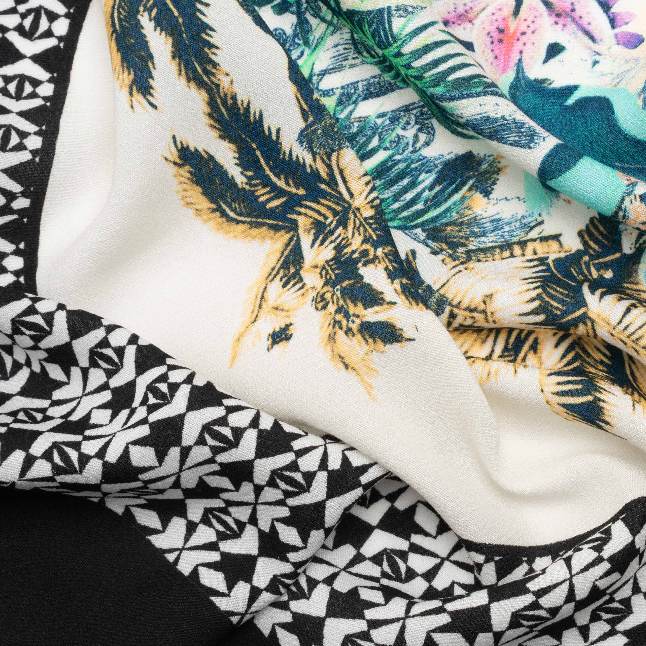 Viscose Crepe Print - Black, White and Blue Palm Tree Circles - Mood Exclusive Picturesque Porthole - Joann Fabrics