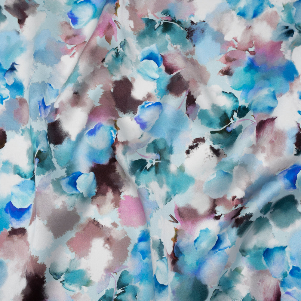 Silk Charmeuse Print 16MM, Made in Italy - Blue, Teal and Brown Abstracted Watercolor Flowers - Joann Fabrics