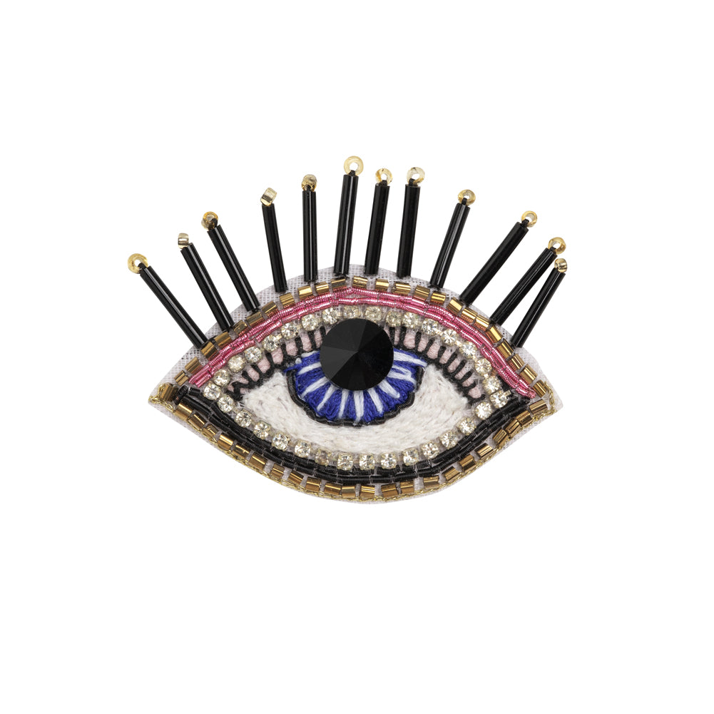 Gold, Pink and Blue Decorated Eye Embroidered Rhinestone and Glass Beaded Applique - 2