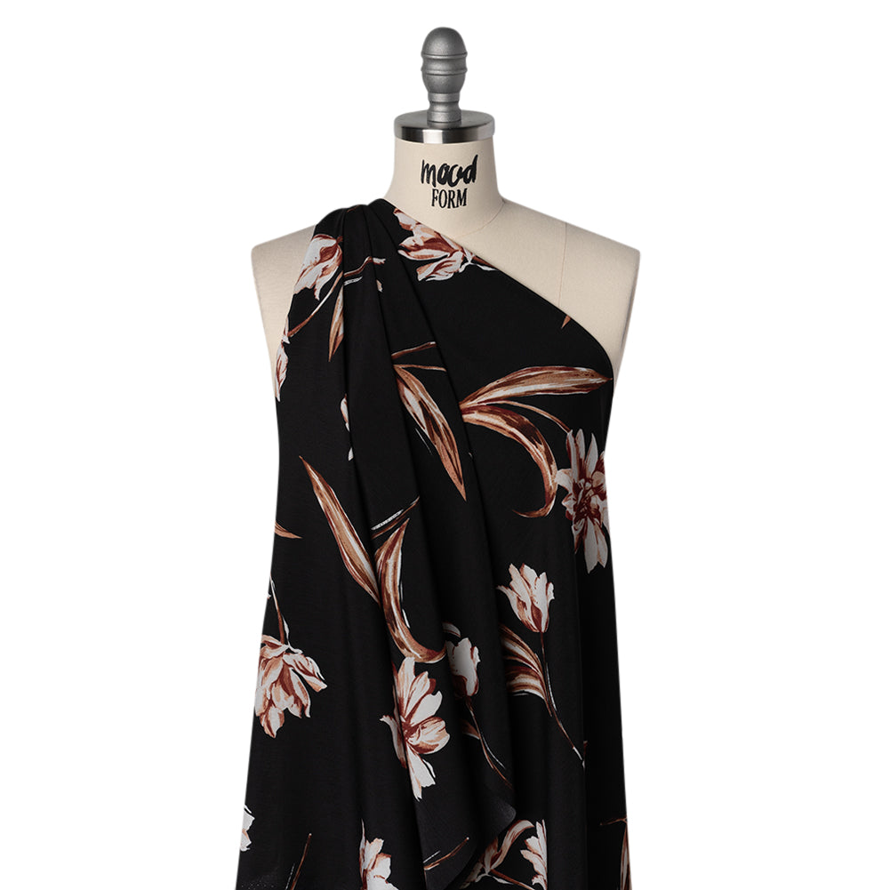 Polyester Crepe de Chine Print - Black, Brown and White Scattered Tulips - Designer Deadstock - Joann Fabrics