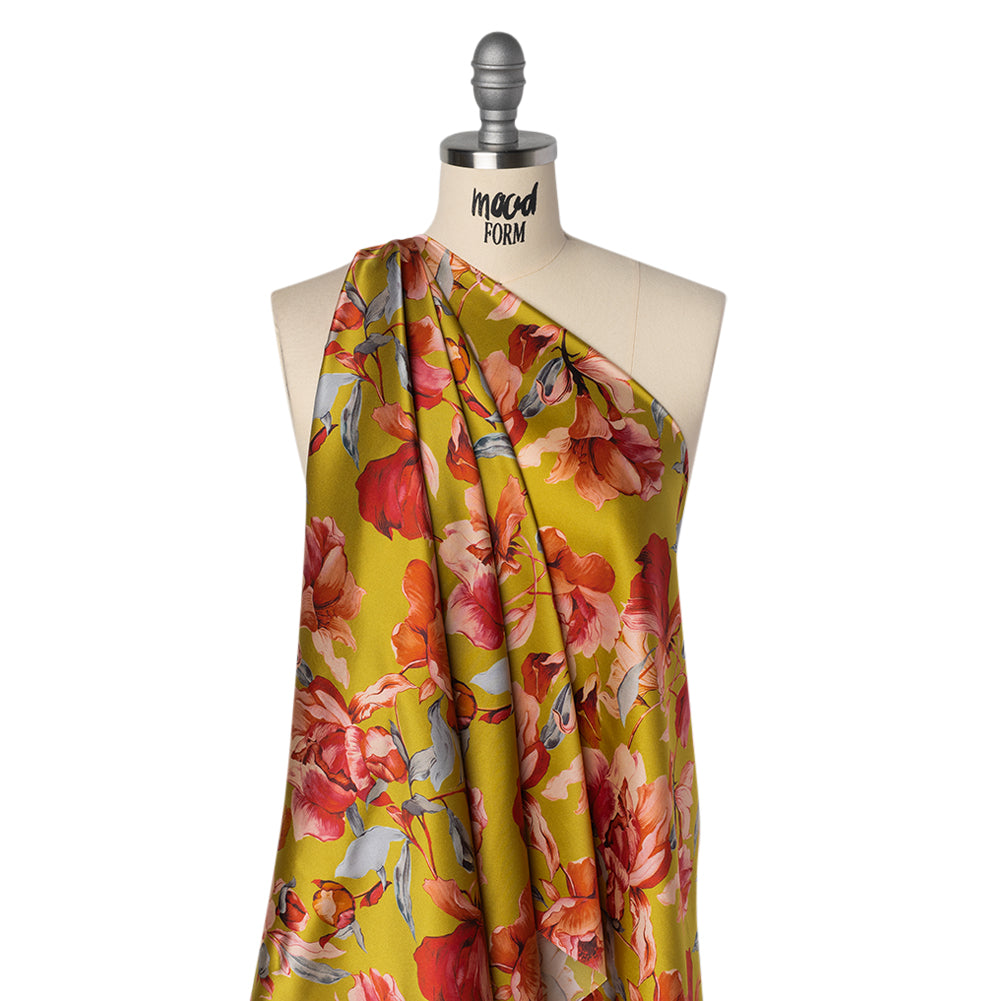 Silk Charmeuse Print 16MM, Made in Italy - Chartreuse and Red Blooming Roses - Joann Fabrics