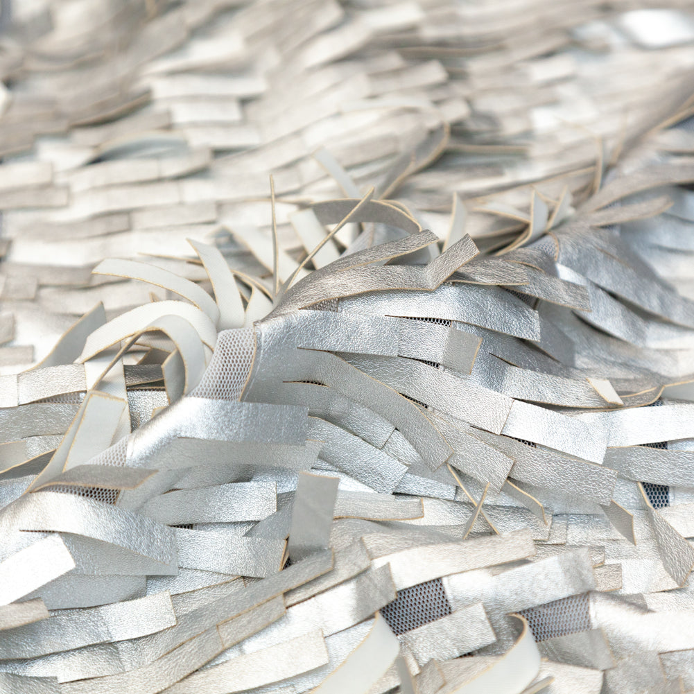 Faux Leather Fringe Fabric on a Mesh Backing - Metallic Silver on White - Joann Fabrics