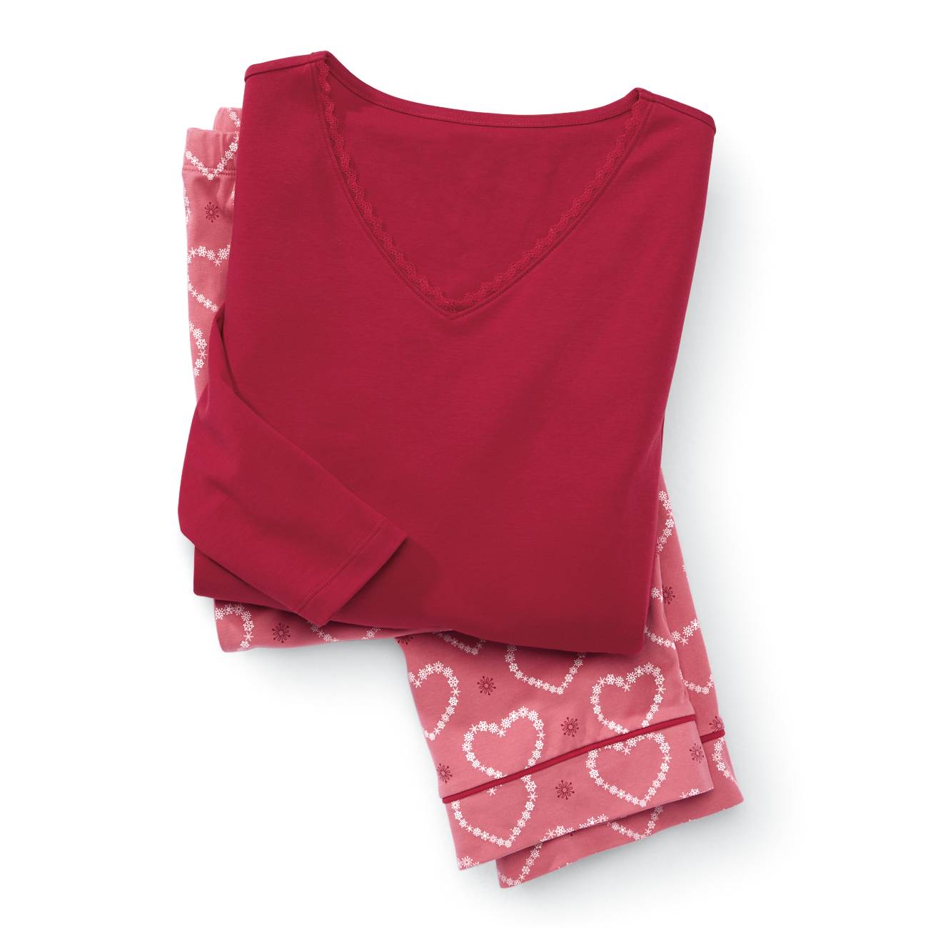 Peruvian Cotton Knit Snowy Hearts Pajama Set, Piping, Lace - Northstyle Catalog