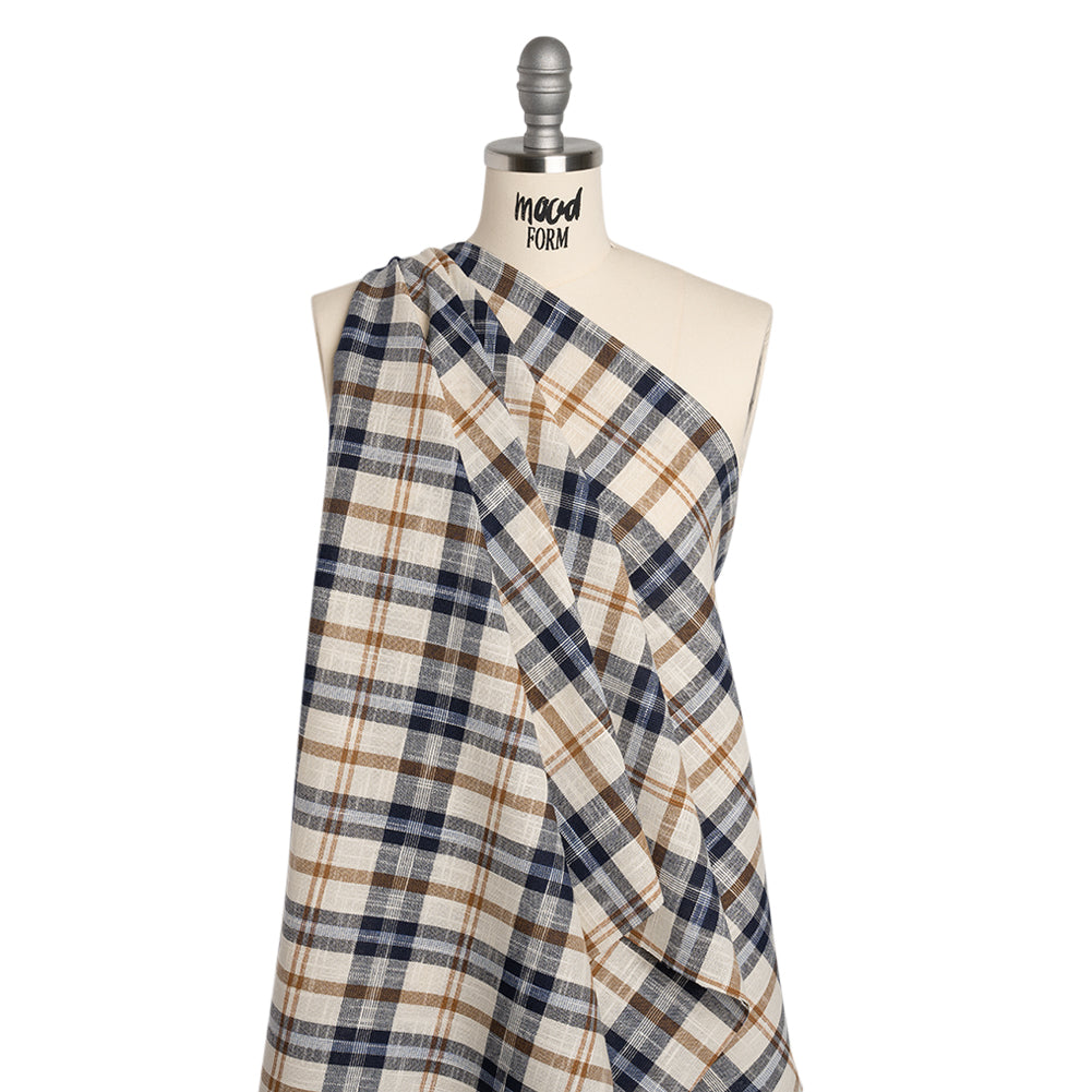 Lightweight Linen Woven - Navy, Camel Brown and Cream Plaid - Deadstock - Joann Fabrics