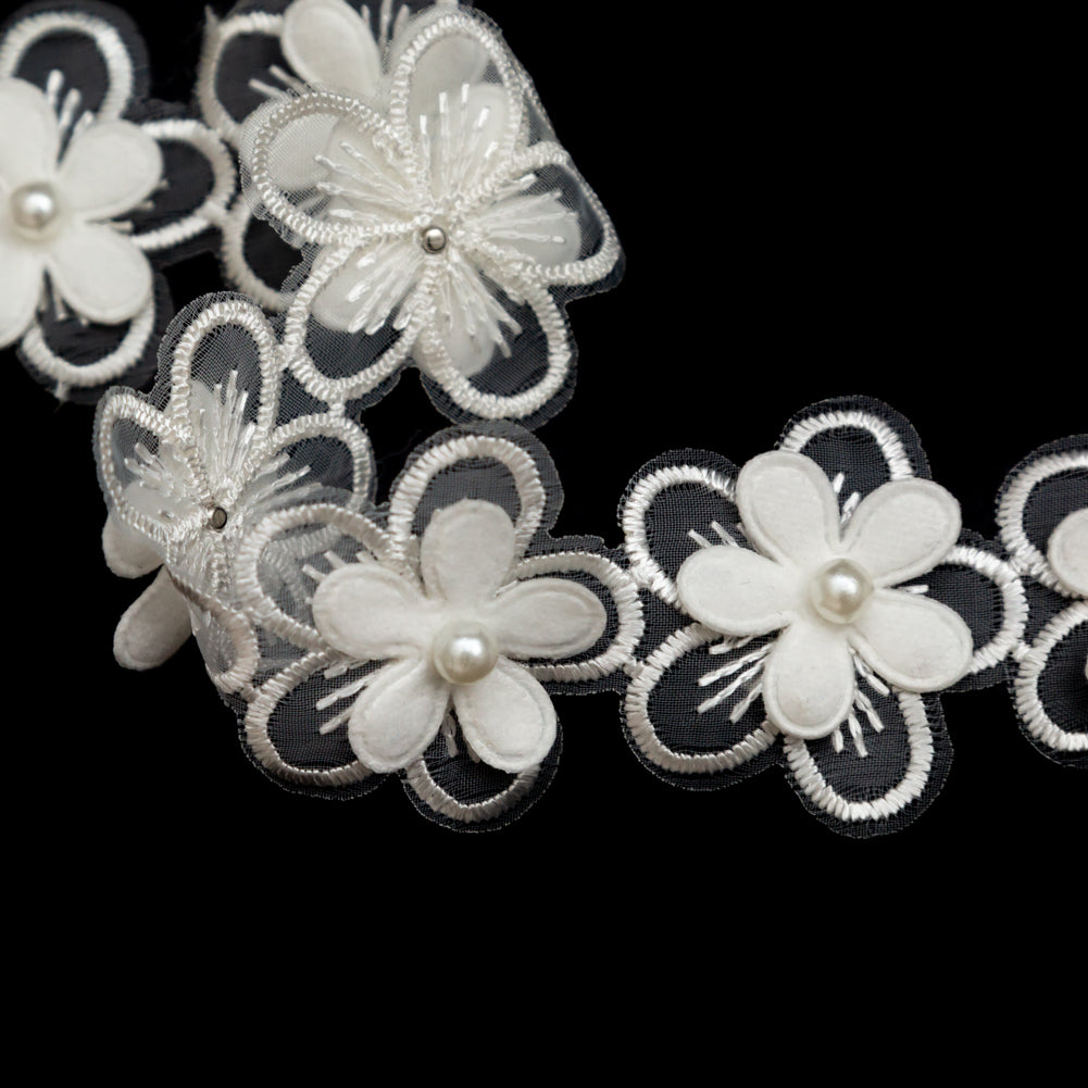 3D Ivory Embroidered Organza Floral Pearl Trim - 1.5