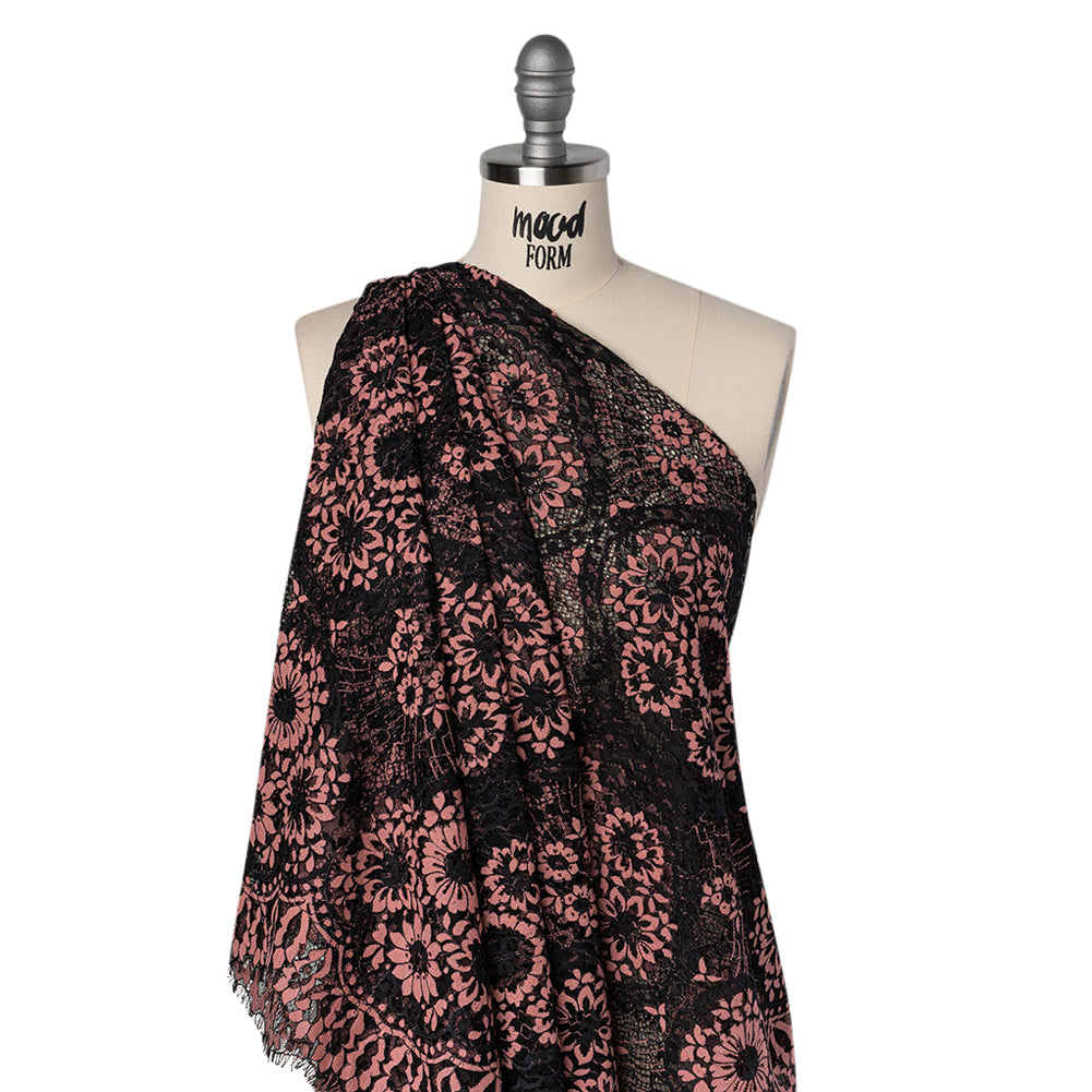 Raschel Lace with Finished Scalloped Edges - Black and Dusty Rose Sunflowers and Daisies - Joann Fabrics