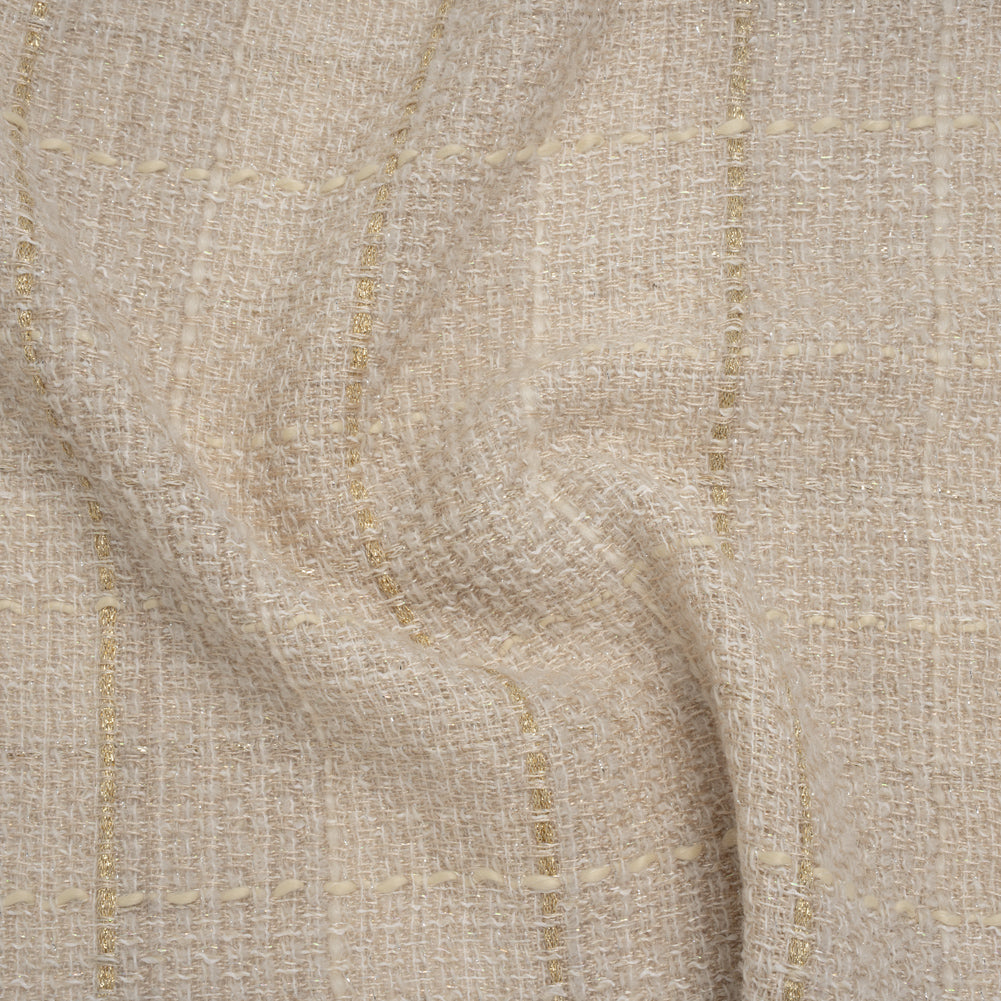 Metallic Wool Blend Tweed Made in Italy - Oatmeal, White and Gold Textured Windowpane Checks - Joann Fabrics