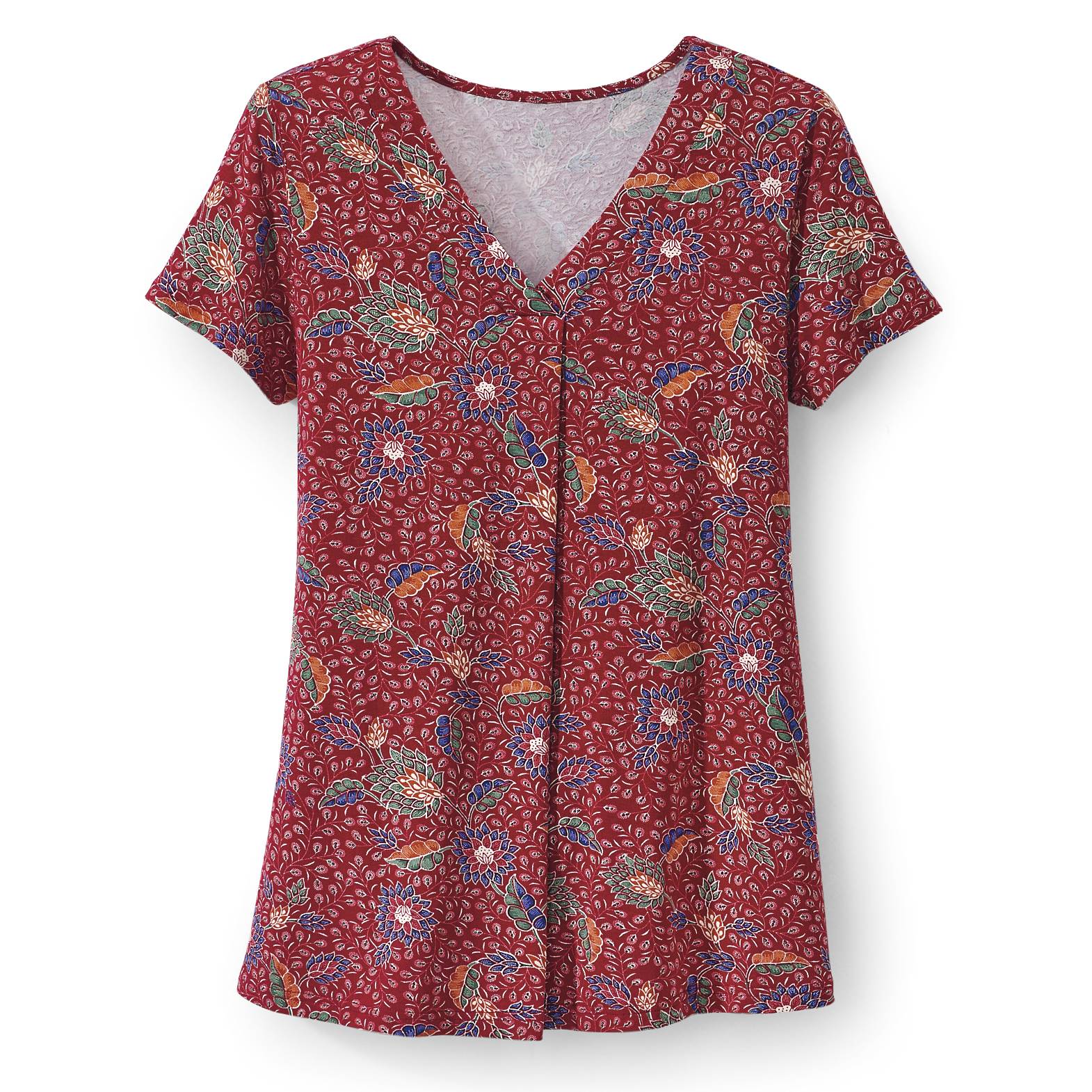 Mosaic Floral Top, Banded V-Neck, Front Pleat, Short Sleeves - Northstyle Catalog