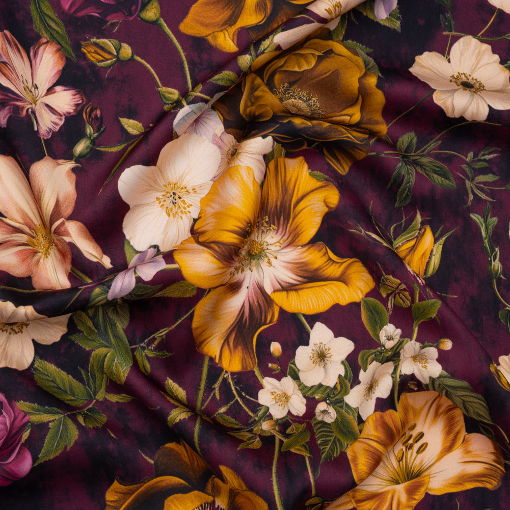 Polyester Satin - Mustard Yellow, Plum Purple and Cream Floral - Mood Exclusive Garden Tangle Print - Joann Fabrics