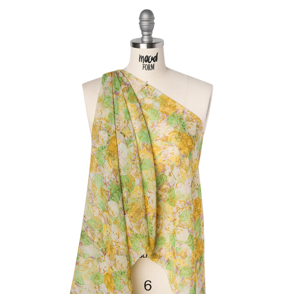 Silk Chiffon Print Made in Italy - Yellow, Green and Lilac Painterly Floral - Deadstock - Joann Fabrics