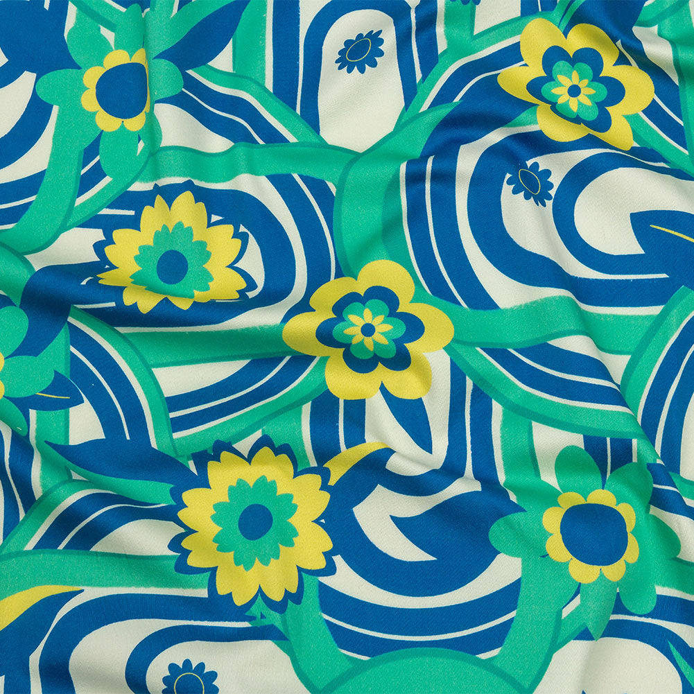 Stretch Cotton Sateen - Blue Winding Lines and Flowers - Bloom the Beat Print - Mood Exclusive Groove Collection - Joann Fabrics